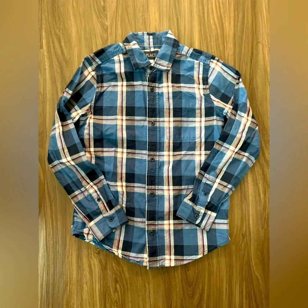 The Children's Place Blue and Pink Plaid Button Down Shirt size L 10/12